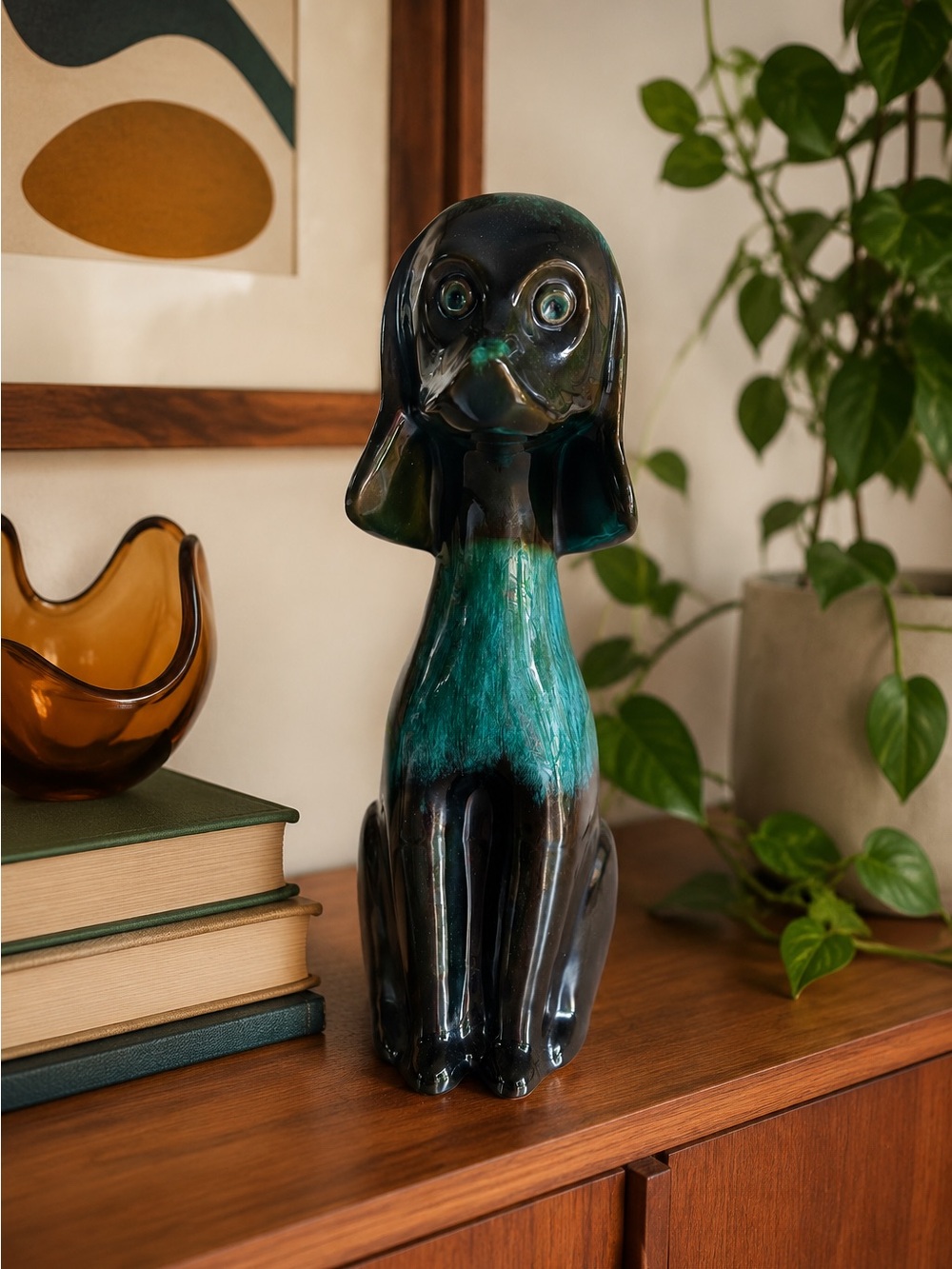 Vintage Blue Mountain Pottery Dog Black Ceramic Figurine with Green Drip Glaze